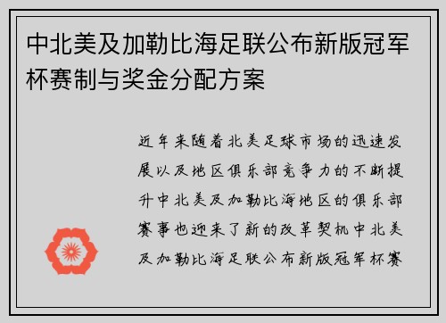 中北美及加勒比海足联公布新版冠军杯赛制与奖金分配方案 中北美及加勒比海足联公布新版冠军杯赛制与奖金分配方案