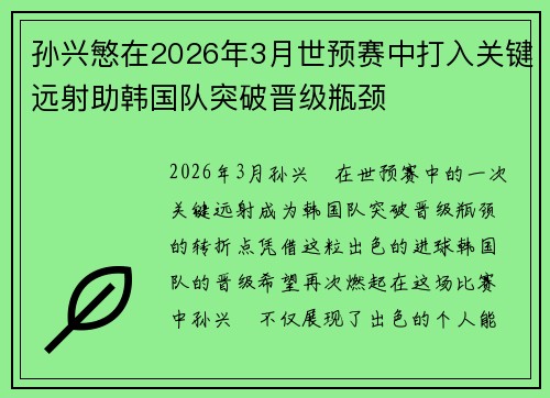 孙兴慜在2026年3月世预赛中打入关键远射助韩国队突破晋级瓶颈