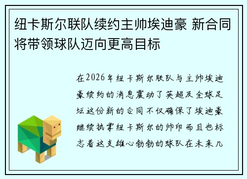 纽卡斯尔联队续约主帅埃迪豪 新合同将带领球队迈向更高目标